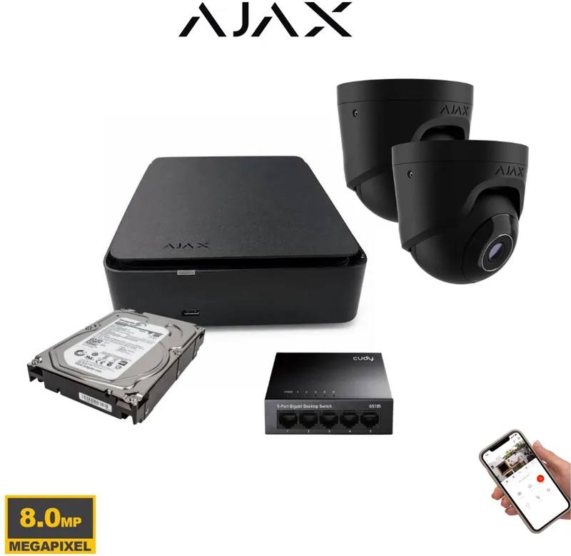 Systems 2 turret cameras, 8-channel NVR, PoE switch, 2TB storage by Ajax in Black – product photo