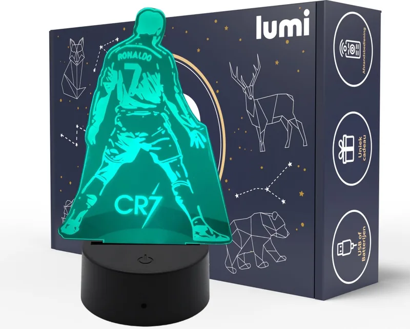 Lumi 3D Nachtlamp - 16 kleuren - CR7 - Voetbal - LED Illusie - Bureaulamp - Sfeerlamp - Dimbaar - USB of Batterijen - Afstandsbediening - Cadeau von Aqara in Cristiano Ronaldo – Produktfoto