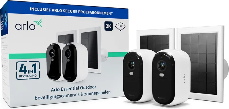 Essential 2K draadloze beveiligingscamera voor buiten en zonnepanelen - 2 Camera's & 2 Zonnepanelen by Arlo in White – product photo
