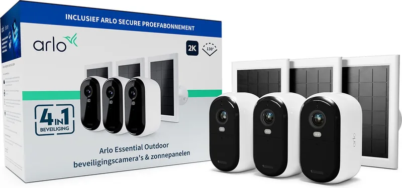 Essential 2K draadloze beveiligingscamera voor buiten en zonnepanelen - 3 Camera's & 3 Zonnepanelen von Arlo in Weiß – Produktfoto