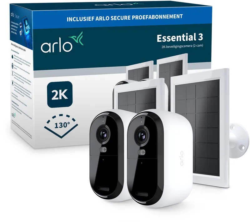 Essential3 2K beveiligingscamera & zonnepanelen - 2-PACK by Arlo in White – product photo