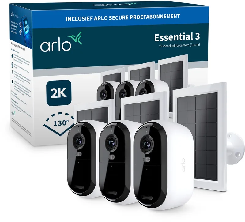 Essential3 2K beveiligingscamera & zonnepanelen - 3-PACK by Arlo in White – product photo