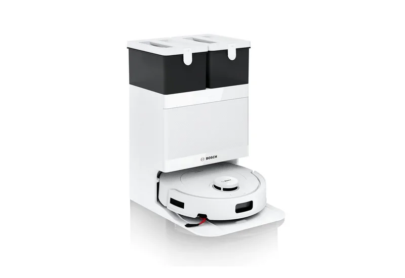 Saugroboter mit Wischfunktion Spotless 2 BCR2S1B/BCR2S1W, 25.000 Pa Saugkraft, beutellos, Selbstreinigung, Nass-Trocken-Servicestation, rotierende Pads von Bosch in Weiß – Produktfoto