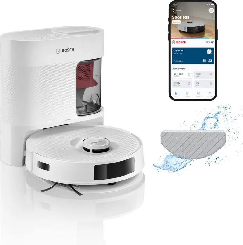 Saugroboter Spotless BCRD1W, Saugroboter mit Wischfunktion, 11.000 Pa Saugkraft, 60 W, beutellos, Trocken-Servicestation, Infrarot Navigation, Carbon Bürste fra Bosch i Hvid – produktbillede