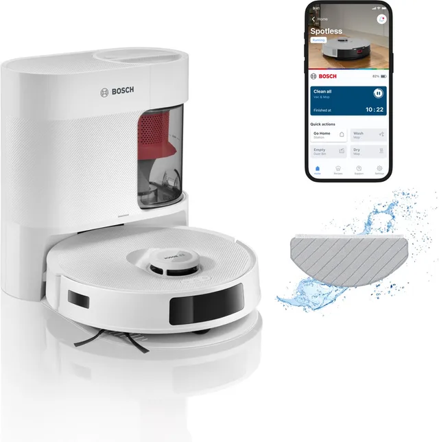 Spotless + BCRD1W Robotstofzuiger met Dweilfunctie, 11,000 Pa Zuigkracht, Statische natte dweil, Droog servicestation, Smart Vision Infrarood Navigatie, Bosch Home Connect App