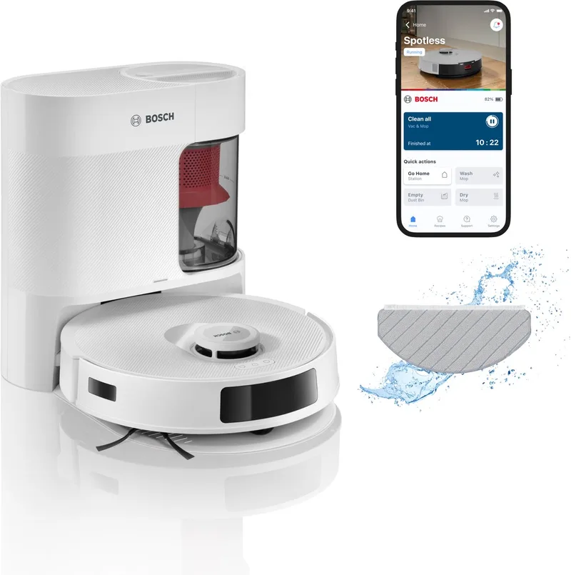 Spotless + BCRD1W Robotstofzuiger met Dweilfunctie, 11,000 Pa Zuigkracht, Statische natte dweil, Droog servicestation, Smart Vision Infrarood Navigatie, Bosch Home Connect App von Bosch in Weiß – Produktfoto