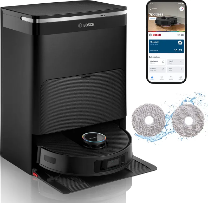 Spotless Max Cam BCRDW3BX Robotstofzuiger en Mop, App-bediening, Li-ion, 205 min, 11000 Pa von Bosch in Schwarz – Produktfoto