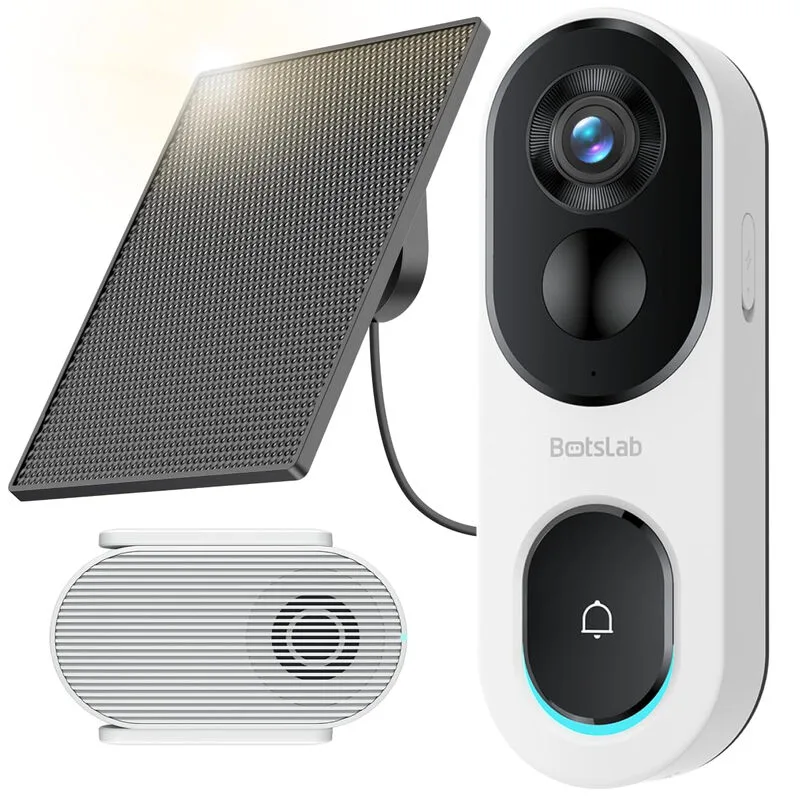 op zonne-energie deurbelcamera draadloos, geen abonnement vereist, 2K videodeurbel met hoofd-tot-voet weergave, pakketdetectie, mensdetectie, 2-weg audio, eenvoudige installatie, alleen 2,4 GHz wifi by Botslab – product photo