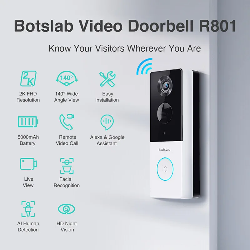 R801 slimme videodeurbel met 2K QHD-resolutie, 140° groothoekzicht, gezichtsherkenning, intelligente bewegingsregistratie en ondersteuning voor Alexa/Google Assistant. by Botslab – product photo