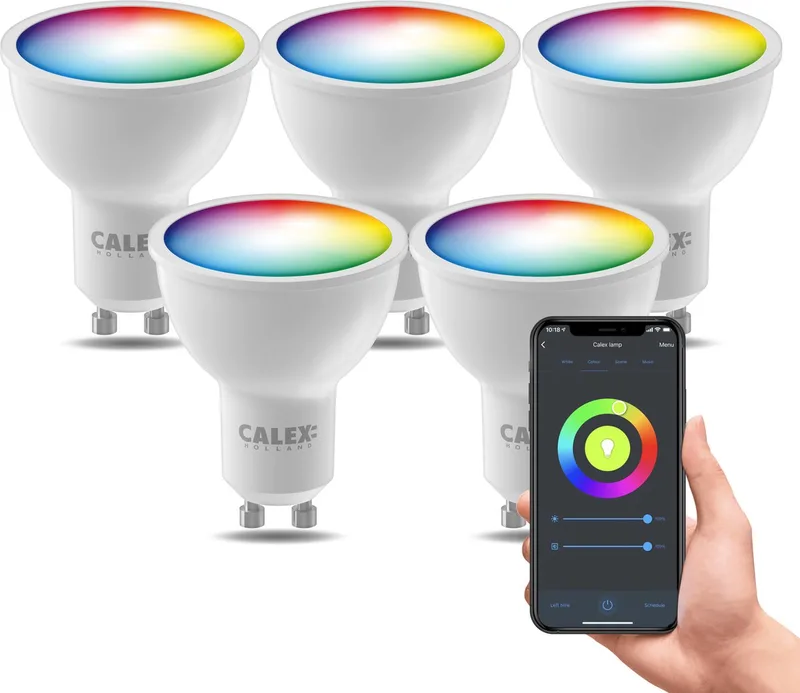 Slimme Lamp - Kleurlamp set van 5 stuks - Wifi LED Verlichting - GU10 - Smart Lamp - Dimbaar - RGB en Warm Wit - 4.9W fra Calex – produktbillede