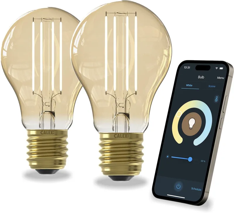 Slimme Lamp - Set van 2 stuks - Wifi LED Filament Verlichting - E27 - Smart Lichtbron Goud - Dimbaar - Warm Wit licht - 7W de Calex – photo produit