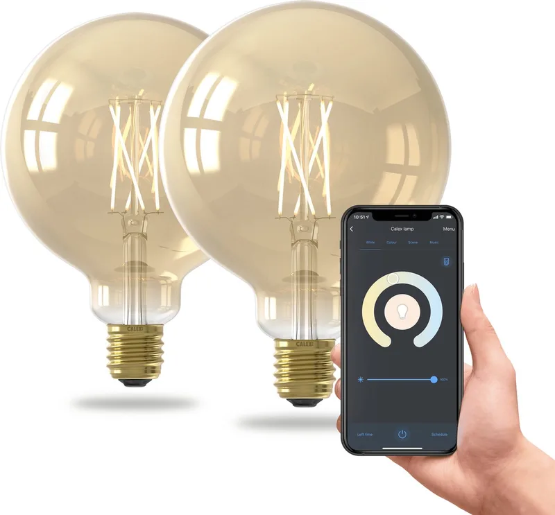 Slimme Lamp - Set van 2 stuks - Wifi LED Filament Verlichting - Globe 12.5cm - E27 - Smart Lichtbron Goud - Dimbaar - Warm Wit licht fra Calex – produktbillede