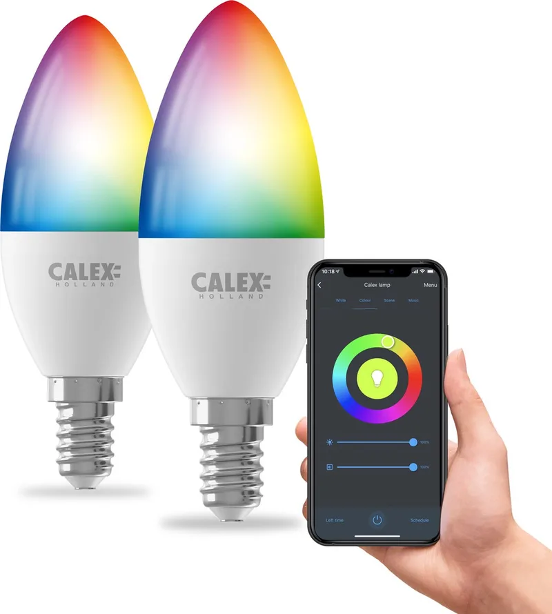 Slimme Lamp - Set van 2 stuks - Wifi LED Verlichting - E14 - Smart Bulb - Dimbaar - RGB en Wit licht - 4.9W by Calex – product photo