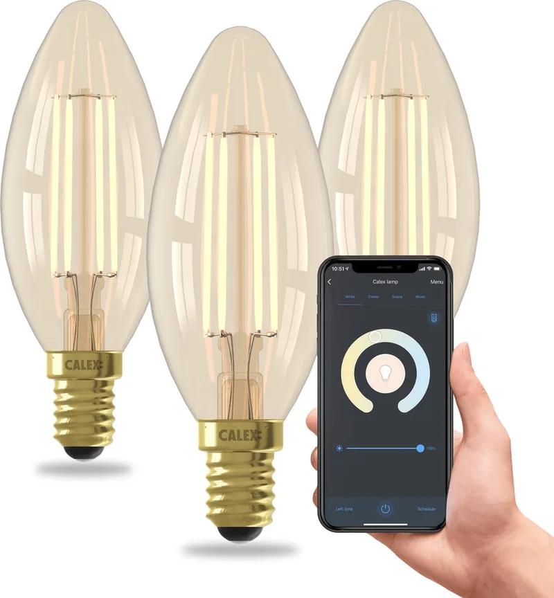 Slimme Lamp - Set van 3 stuks - Wifi LED Filament Verlichting - E14 - Smart Kaars Lichtbron Goud - Dimbaar - Warm Wit licht - 4,9W by Calex – product photo