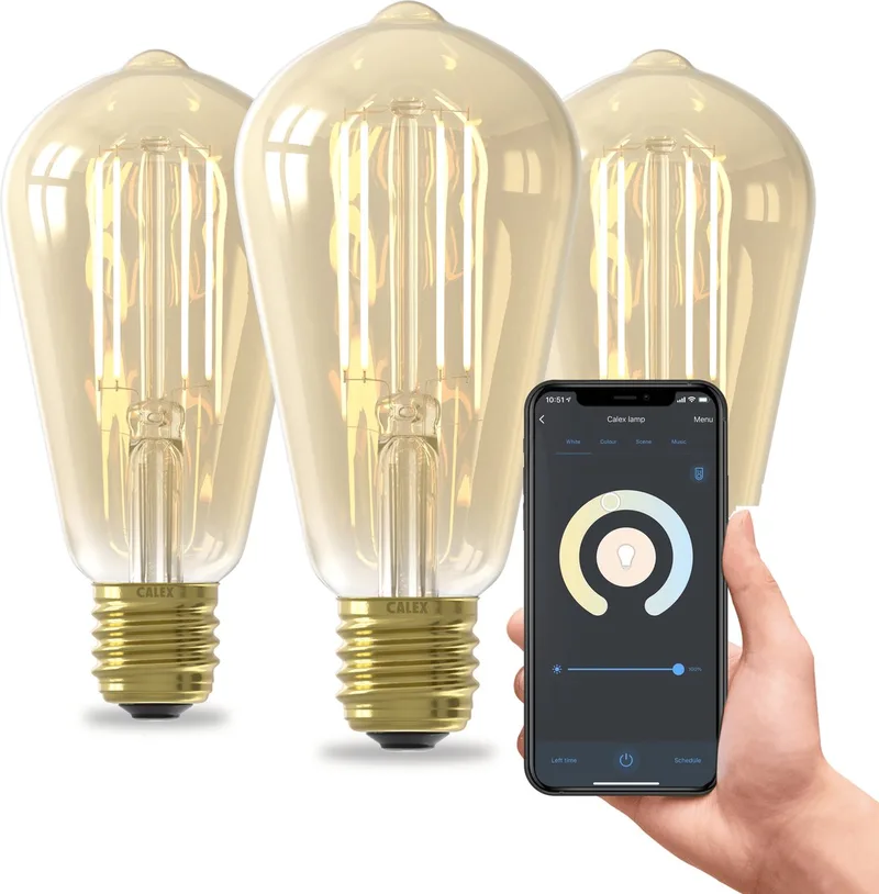 Slimme Lamp - Set van 3 stuks - Wifi LED Filament Verlichting - E27 - Rustiek Smart Lichtbron Goud - Dimbaar - Warm Wit licht - 7W by Calex – product photo