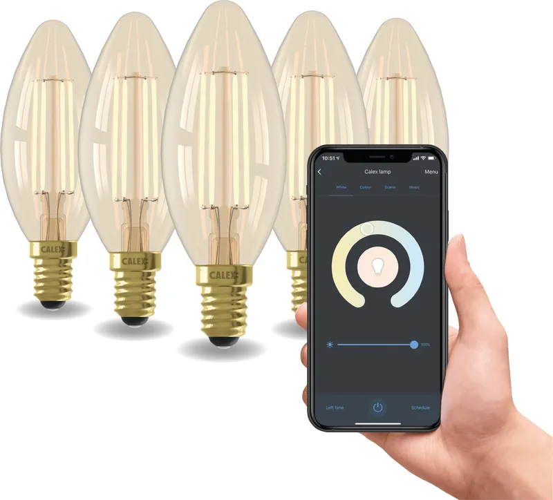 Slimme Lamp - Set van 5 stuks - Wifi LED Filament Verlichting - E14 - Smart Kaars Lichtbron Goud - Dimbaar - Warm Wit licht - 4,9W by Calex – product photo