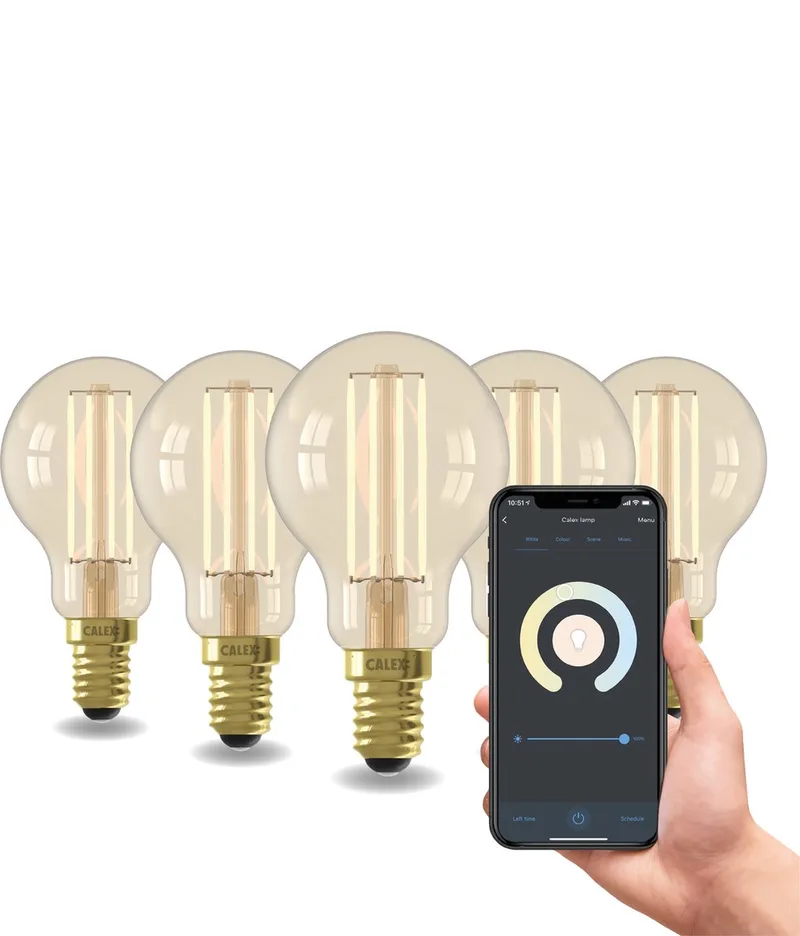 Slimme Lamp - Set van 5 stuks - Wifi LED Filament Verlichting - E14 - Smart Lichtbron Goud - Dimbaar - Warm Wit licht - 4,9W by Calex – product photo