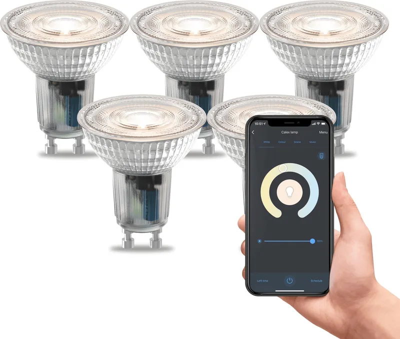 Slimme Lamp - Set van 5 stuks - Wifi LED Verlichting - GU10 Smart Lichtbron - Dimbaar - Warm Wit licht - 4.9W by Calex – product photo