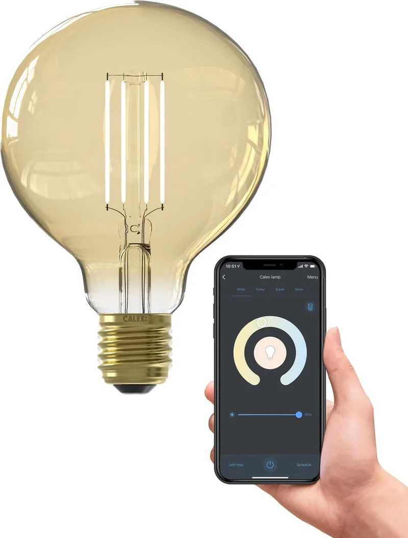 Slimme Lamp - Wifi LED Filament Verlichting - Globe 9,5cm - E27 - Smart Bulb Goud- Dimbaar - Warm Wit licht - 7W by Calex – product photo