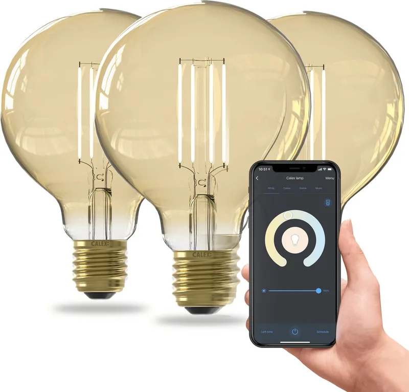 Slimme LED Lamp G95 Filament Gold E27 - Set van 3 stuks - Wifi Verlichting - Globe 9.5cm - Smart Lichtbron Goud - 7W Dimbaar Warm Wit licht by Calex – product photo