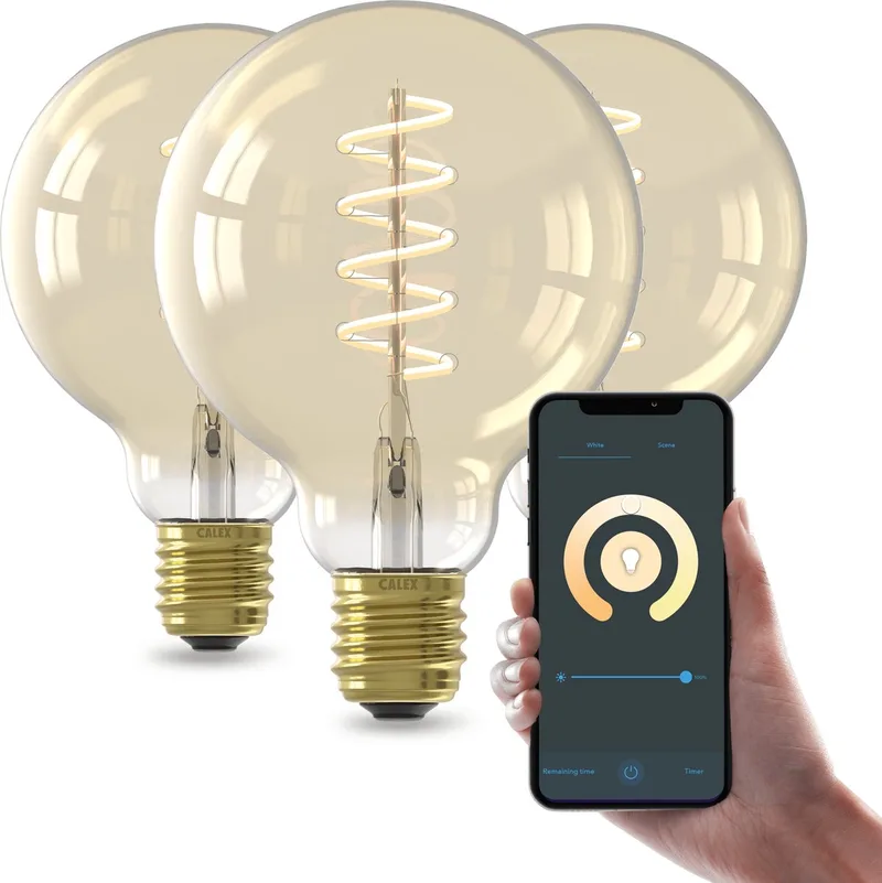 Slimme LED Lamp - Set van 3 stuks - E27 - Spiraal Filament Gold G95 - Wifi Verlichting - Globe 9cm - Smart Lichtbron Goud - 7W Dimbaar Warm Wit licht by Calex – product photo