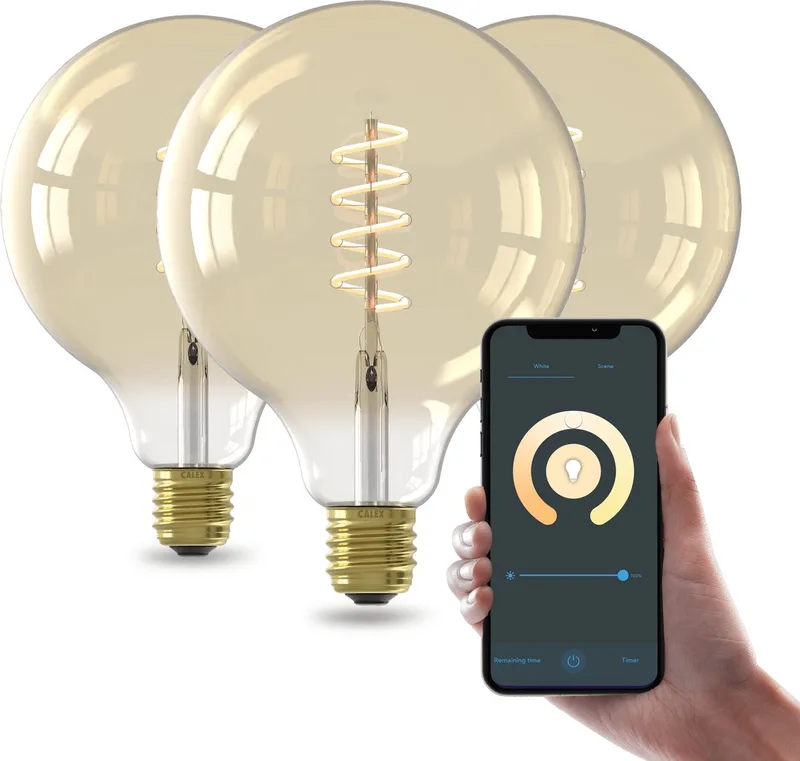 Slimme LED Lamp - Set van 3 stuks - E27 - Wifi Verlichting - Spiraal Filament - Globe 12.5cm - Smart Lichtbron Goud - Dimbaar - Warm Wit licht - 7W by Calex – product photo