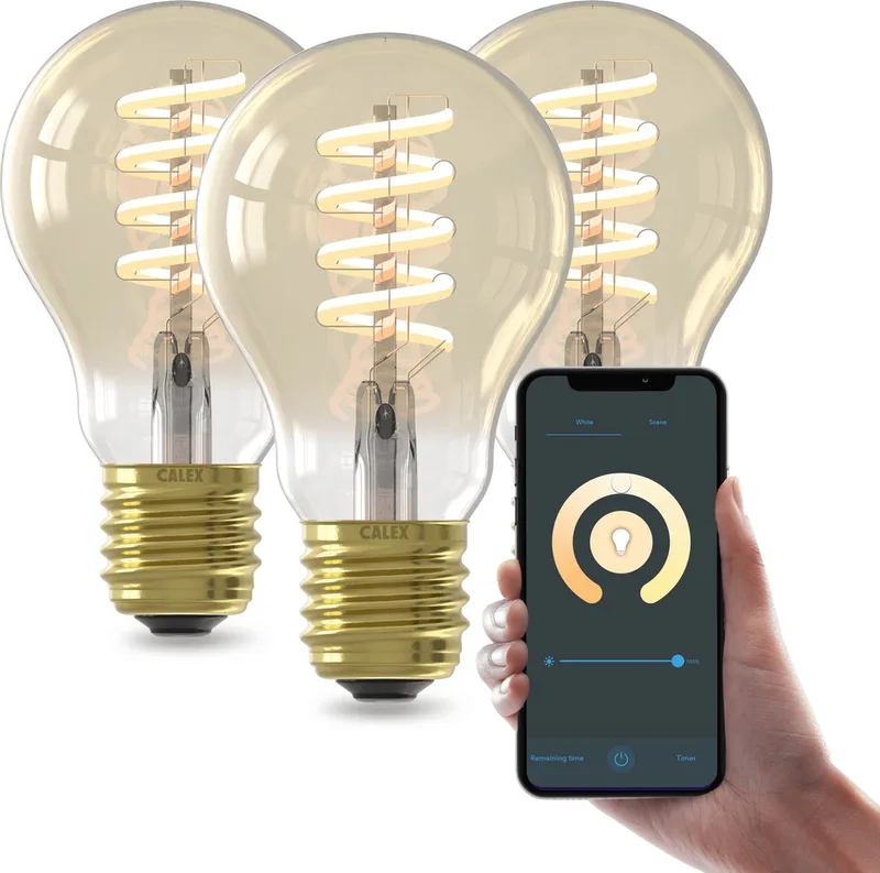 Slimme LED Lamp - Set van 3 stuks - E27 - Wifi Verlichting - Spiraal Filament - A60 - Smart Lichtbron Goud - Dimbaar - Warm Wit licht - 7W by Calex – product photo