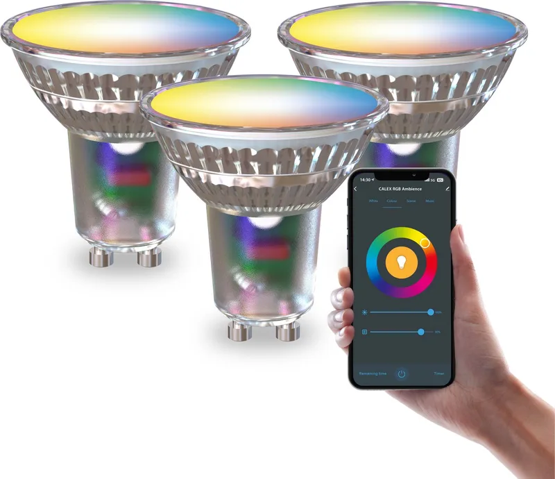 Slimme LED Lamp - Set van 3 stuks - GU10 kleurlamp - Wifi Verlichting - Smart lamp - Dimbaar - RGB en Warm Wit licht - 4.9W van Calex – productfoto