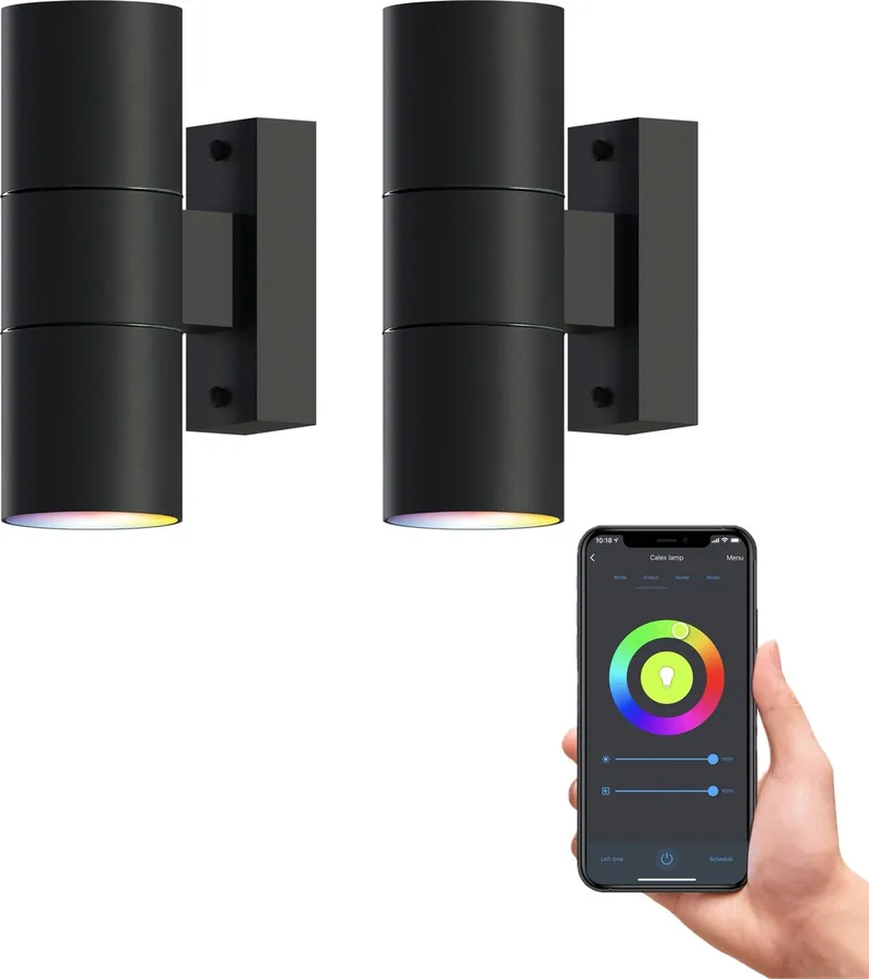 Slimme Up & Down LED Wandlamp – Set van 2 Stuks - Zwart – RVS - Smart Buitenlamp – App bedienbaar – Voor binnen en Buiten by Calex in Zwart-2-Stuks-Inclusief-Lichtbronnen – product photo