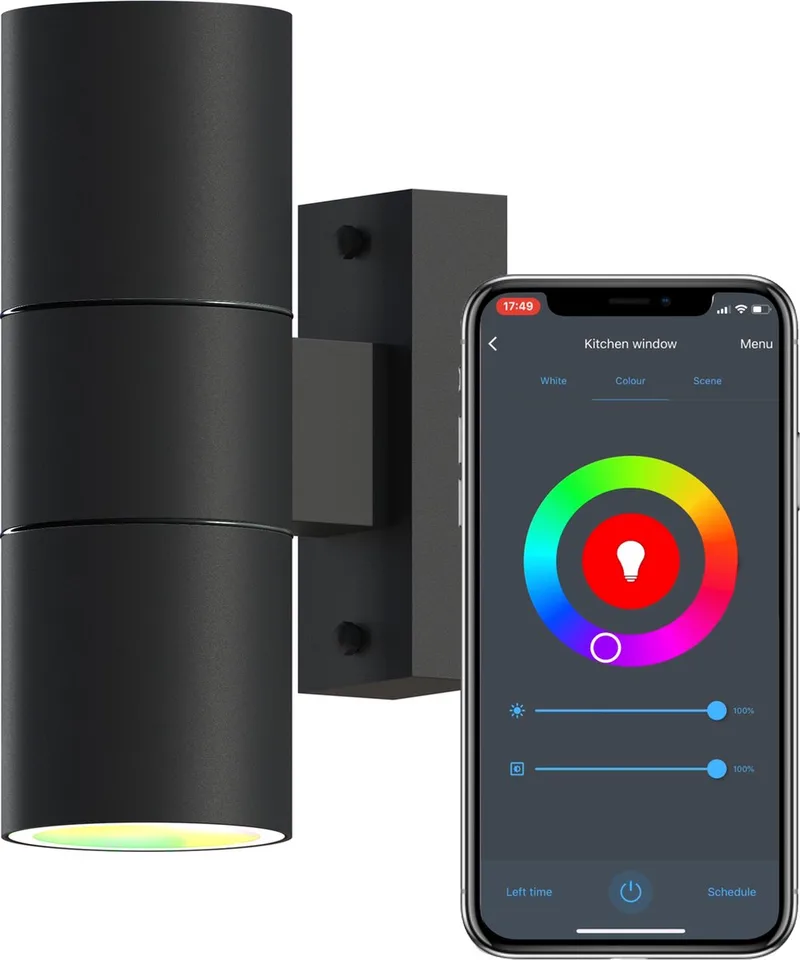 Slimme Up & Down LED Wandlamp – Zwart – RVS - Smart Buitenlamp – App bedienbaar – Voor binnen en Buiten van Calex in Zwart-Inclusief-Lichtbron – productfoto