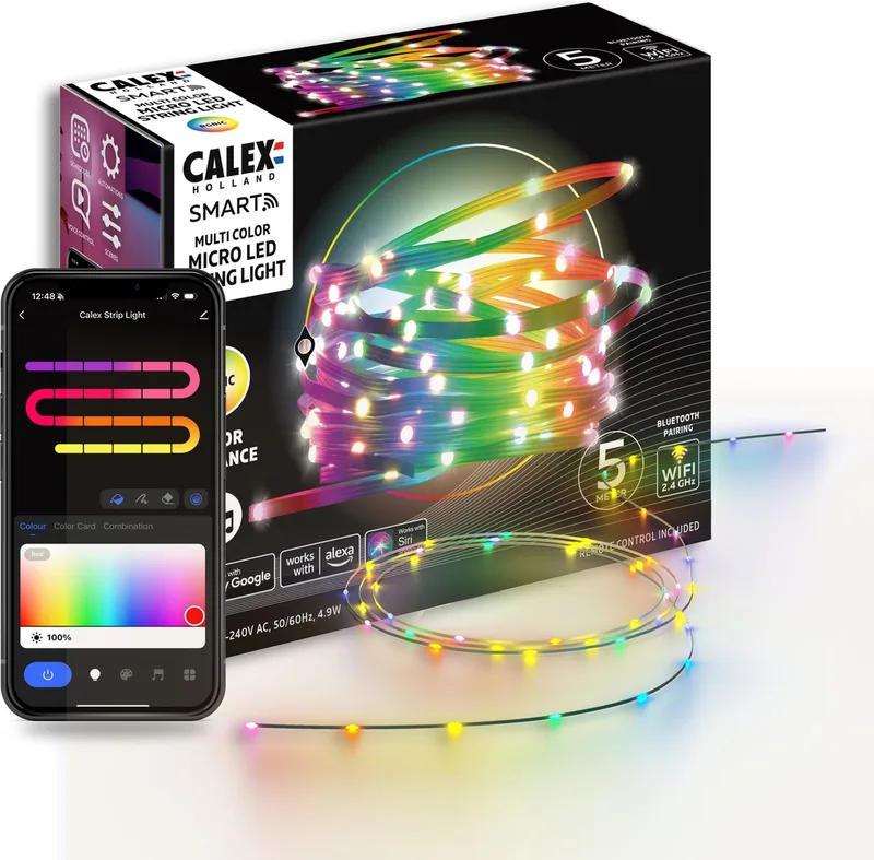 Smart Micro LED Strip - 50 LEDs - Geschikt als Kerstverlichting - 5M - RGBIC - 16 Miljoen Kleuren - App Bedienbaar - Smart Lichtsnoer - Kerstverlichting by Calex in White – product photo