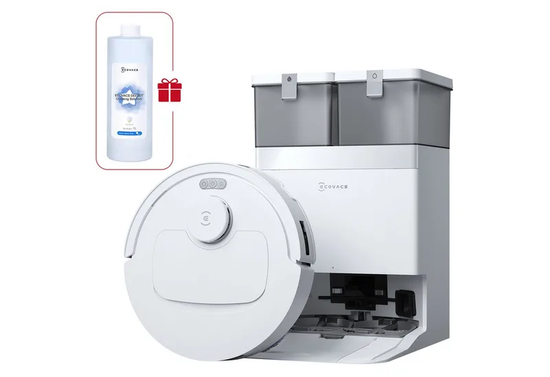Saugroboter DEEBOT T30e Omni Saugroboter mit Wischfunktion, 25.000 Pa, 35 W, All-in-One-Station, OZMO Turbo 2.0 Wischen, ZeroTangle 3.0 Anti-Verheddern, TrueMapping 2.0 de Ecovacs en Weiß mit Reinigungsflüssigkeit 1L – photo produit