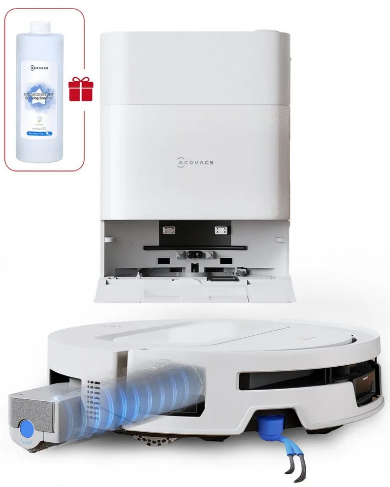 Saugroboter DEEBOT T90 MAX Omni Saugroboter mit Wischfunktion, 30.000 Pa Blast, 60 W, OZMO ROLLER 3.0 Wischwalze mit Selbstreinigung, TruEdge 3.0 Kantenreinigung, ZeroTangle 4.0, 5200 mAh, 15 mm Automatische Wischanhebung by Ecovacs in Weiß mit Reinigungsflüssigkeit 1L – product photo
