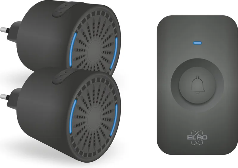 DB2000 Draadloze Deurbel Set – met 2 Compacte Plug-In Ontvangers - Bereik 200 meter - IP65 Waterdicht - 64 Melodieën fra ELRO i Sort – produktbillede