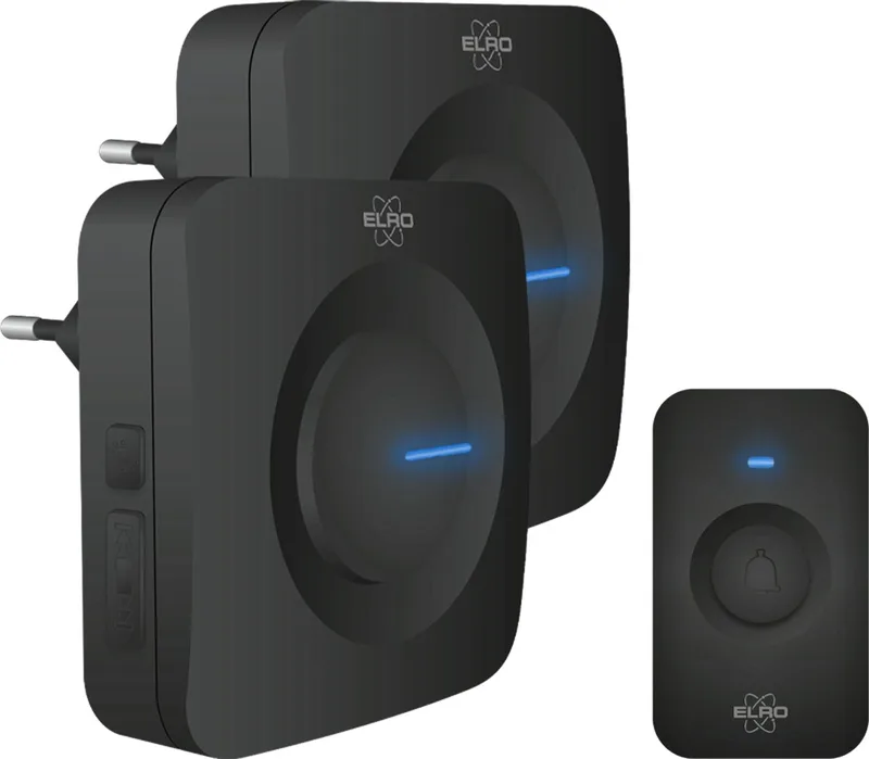 DB3000 Draadloze Deurbel Set – 2x Plug-in Ontvanger - Bereik 300 meter - IP65 Waterdicht - 64 Melodieën van ELRO in Zwart – productfoto