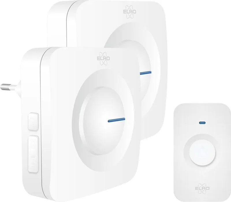 DB3000 Draadloze Deurbel Set – met 1x Ontvanger op batterij + 1x Plug-in Ontvanger - Bereik 300 meter - IP65 Waterdicht - 64 Melodieën von ELRO in Weiß – Produktfoto