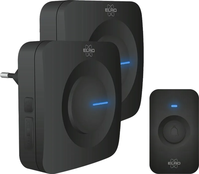 DB3000 Draadloze Deurbel Set – met 1x Ontvanger op batterij + 1x Plug-in Ontvanger - Bereik 300 meter - IP65 Waterdicht - 64 Melodieën von ELRO in Schwarz – Produktfoto