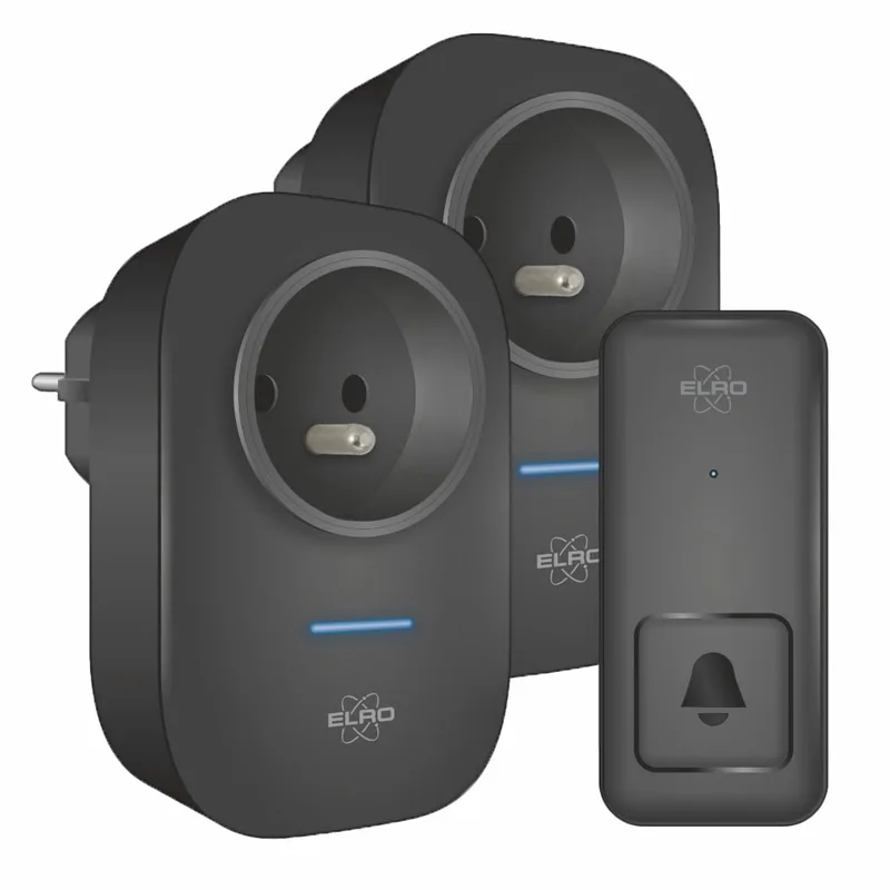 DB4000PF-P1C2B Draadloze Kinetische Deurbel Set – Belgische Versie – met 2x Plug-in Ontvanger met Stopcontact – Geen Batterijen nodig von ELRO in Schwarz – Produktfoto