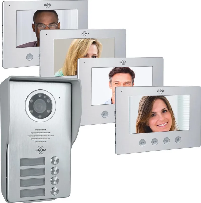 DV477W4 Video Deur Intercom - 4 Appartementen - Met 4x 7 inch kleurenscherm - Verstelbare camera met nachtzicht - Color Night Vision - 16 Beltonen van ELRO in Grijs – productfoto