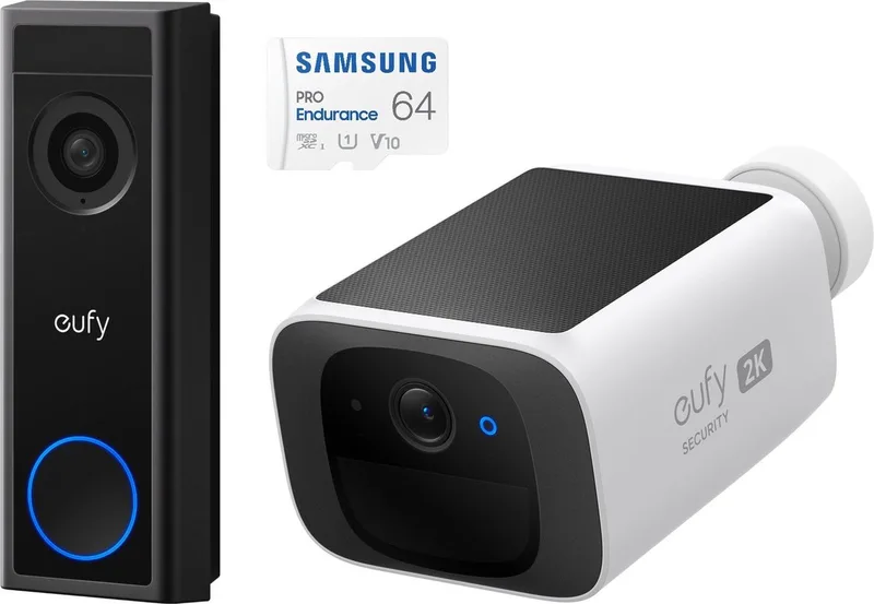 C30 2K Draadloze Video Deurbel 2K FHD - Accu Zwart + SAMSUNG MicroSDXC 64GB PRO + Eufy S220 SoloCam 2K Draadloze Solar Beveiligingscamera - Bundel by eufy in Black – product photo