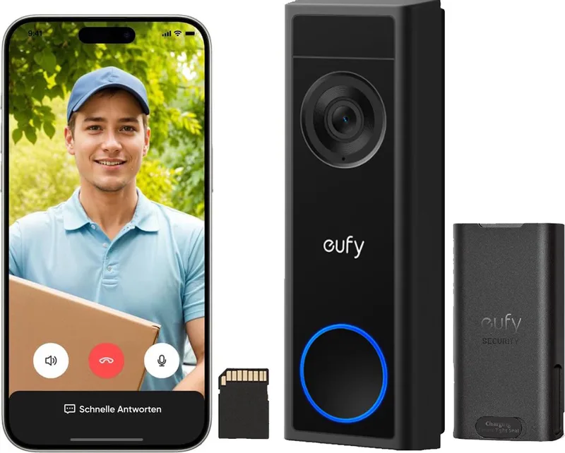 C31 Video Deurbel - Add-on - Video Doorbell - 2K Resolutie - Nachtzicht - Draadloos/Batterij - Live videogesprek - 24/7 opname - Mens- en bewegingsdetectie - Compatibel met HomeBase S380 - Geen abonnementskosten by eufy in Zwart. – product photo