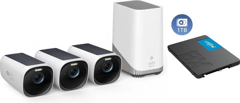 Cam 3 4K Draadloze Beveiligingsset - Inclusief Homebase 3 en 3 Solar Camera's + 1TB SSD voor 15 jaar opslag - Voordeelbundel de eufy en Wit + 1TB SSD – photo produit