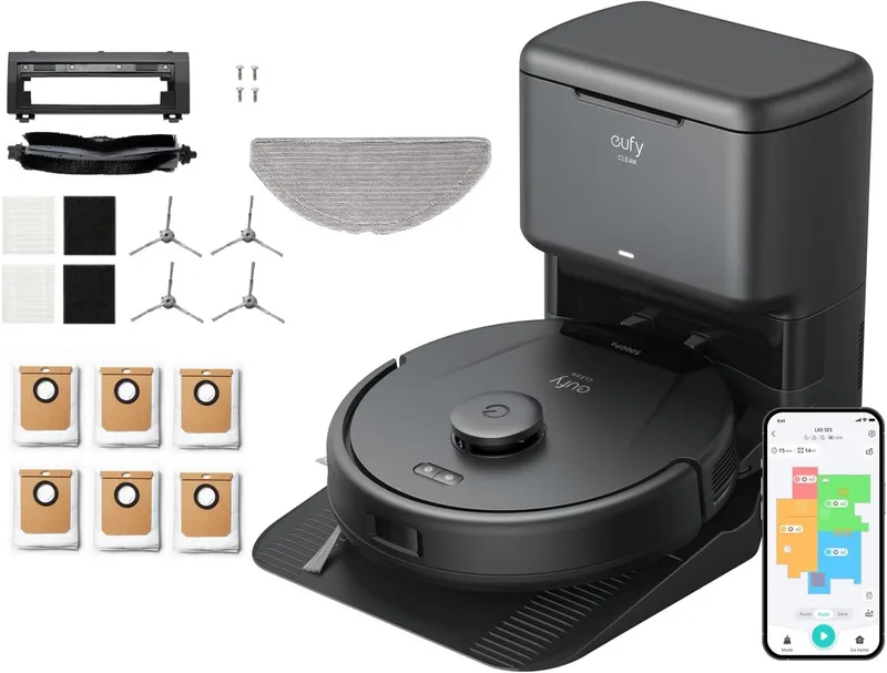 Clean L60 Hybrid SES Robotstofzuiger met dweilfunctie en Vervangingssets - Robot Vacuum - 5.000 Pa Zuigkracht, Met automatisch leegstation, Bestuurbaar via smartphone by eufy in Black – product photo