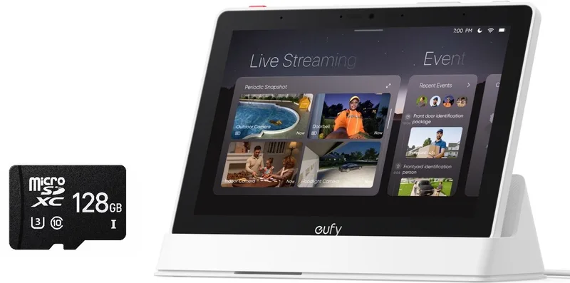 E10 Smart Display-Slimme Home Hub, 8" Bedieningspaneel, Compatibel met eufy Beveiligingsapparaten, Vier Weergaven op Eén Scherm, Directe Deurmeldingen, Dagelijkse Evenementenrapporten + 128GB SD card - Bundelvoordeel fra eufy i Hvid – produktbillede