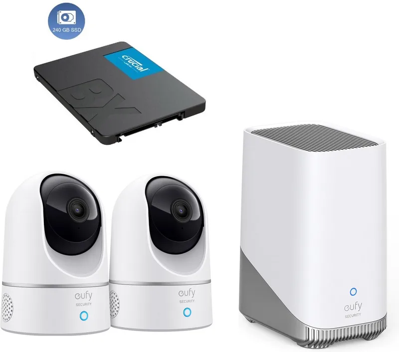 E220 Binnencamera 2K Pan & Tilt - Indoor Cam - 2-pack + HomeBase 3 voor 24/7 opname + 240GB SSD - Bundelvoordeel de eufy en Blanc – photo produit
