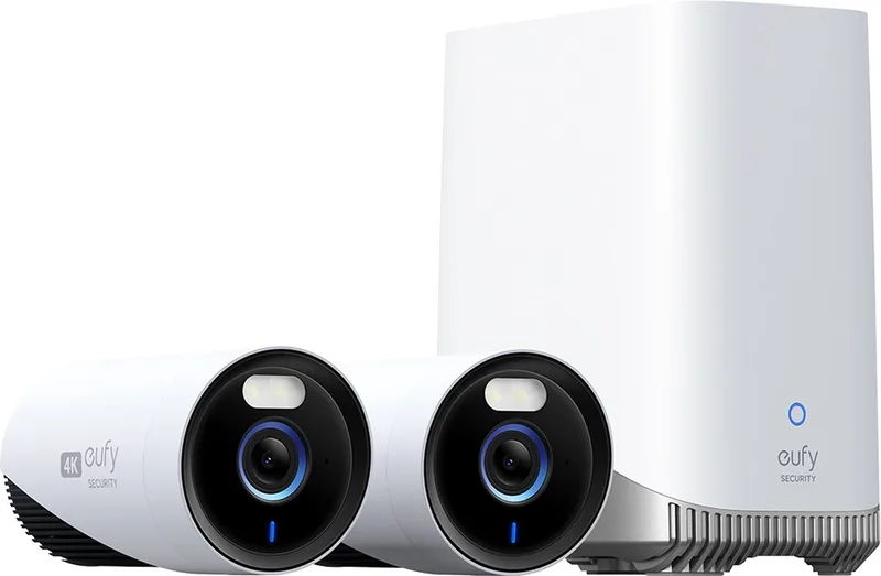 E330 Buitencamera's - 2 Pack met HomeBase 3 - Outdoorcam set - 4K Ultra HD-resolutie - 24/7 opname - Wifidekking van 464 m2 - AI-gezichtsherkenning - Bedrade beveiligingscamera's voor buiten by eufy in Zwart en wit – product photo