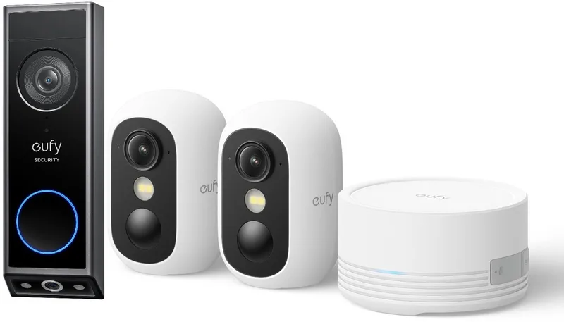 E340 Video Deurbel – Dual-Cam technologie, 2K Full HD-resolutie, kleur nachtzicht, AI-pakketdetectie + eufyCam C35 - Incl. 2 Camera, HomeBase Mini – Beveiligingsset – Voordeelbundel by eufy in Wit E340 – product photo
