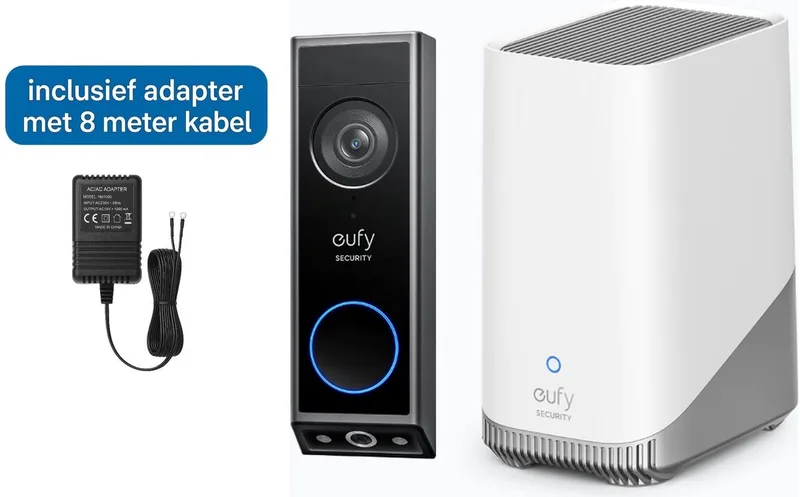 E340 Video Deurbel + HomeBase 3 S380 – Video Doorbell - Dual-Cam technologie, 2K Full HD-resolutie, kleur nachtzicht, AI-pakketdetectie + deurbel adapter met 8 meter kabel - Bundelvoordeel van eufy in Zwart – productfoto