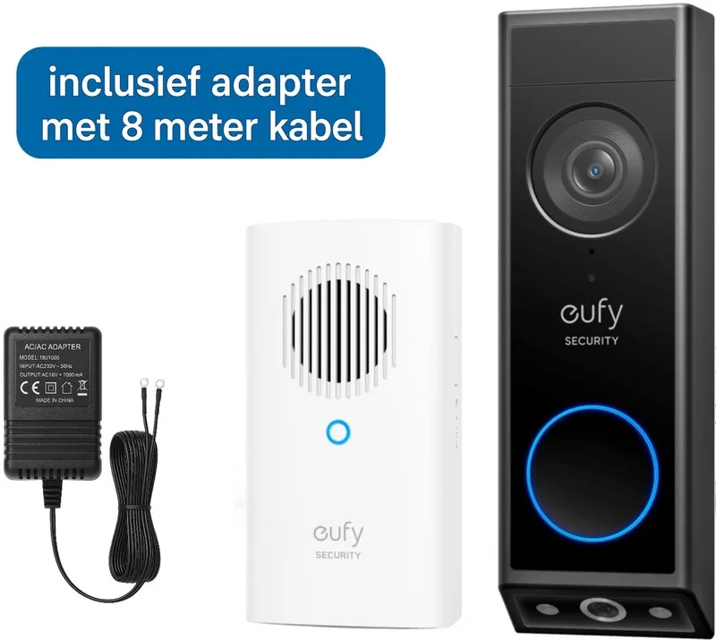 E340 Video Deurbel met Chime – Video Doorbell - Dual-Cam technologie, 2K Full HD-resolutie, kleur nachtzicht, AI-pakketdetectie + deurbel adapter met 8 meter kabel - Bundelvoordeel van eufy in Zwart – productfoto