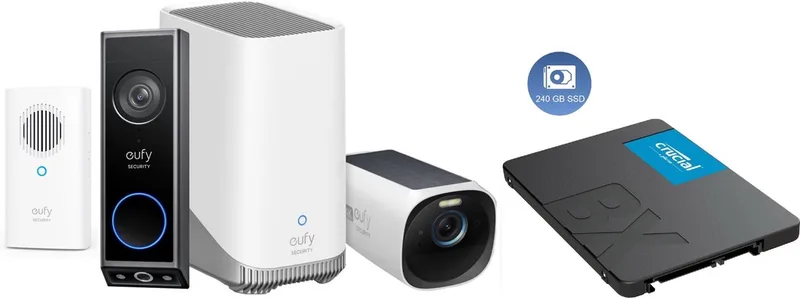 E340 video doorbell met chime + HomeBase 3 S380 + eufyCam 3 solar camera + 240GB SSD voor 3 jaar opslag - Bundelvoordeel van eufy in Zwart – productfoto